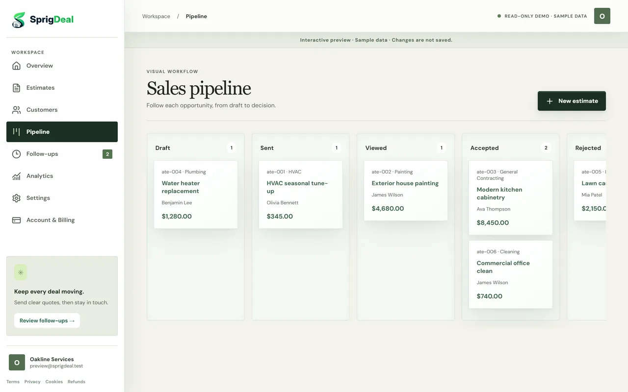 SprigDeal sales pipeline with estimates in Draft, Sent, Viewed, Accepted and Rejected columns