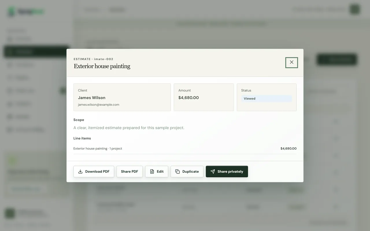 SprigDeal estimate details with the customer, amount, Viewed status and the Download PDF, Share PDF, Duplicate and Share privately buttons