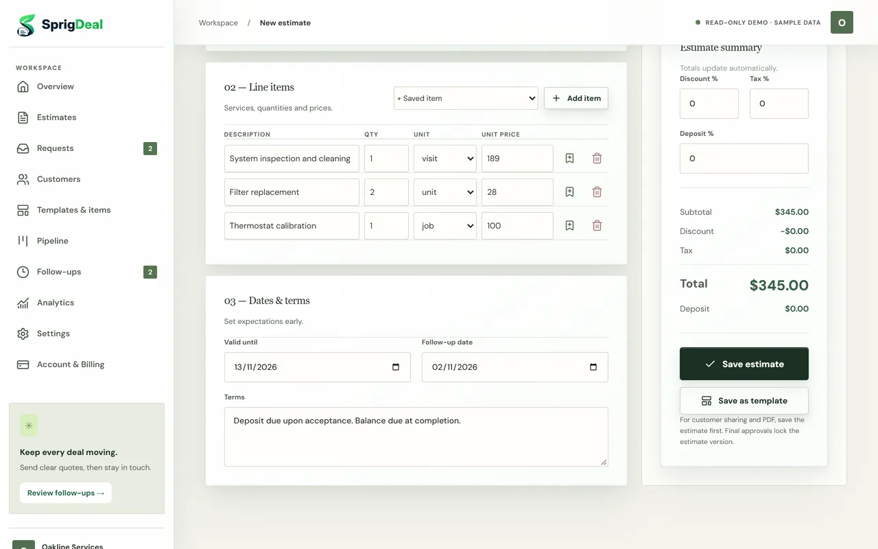Line items with quantity, unit and price, the saved item picker and Save as template button