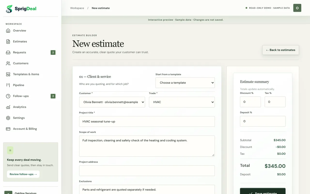 Estimate builder with customer, trade, template picker, project title, scope and estimate summary