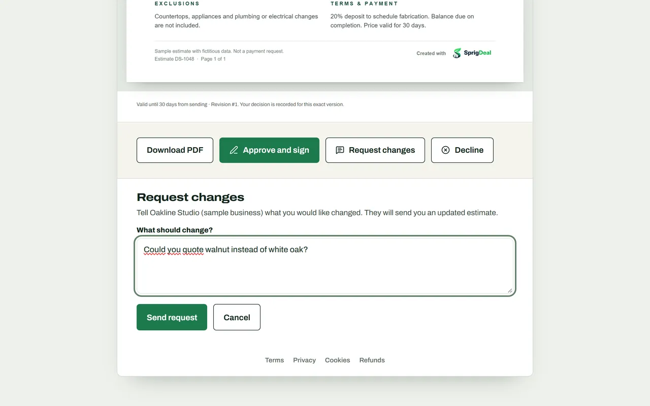 Customer response buttons and the Request changes panel with a note