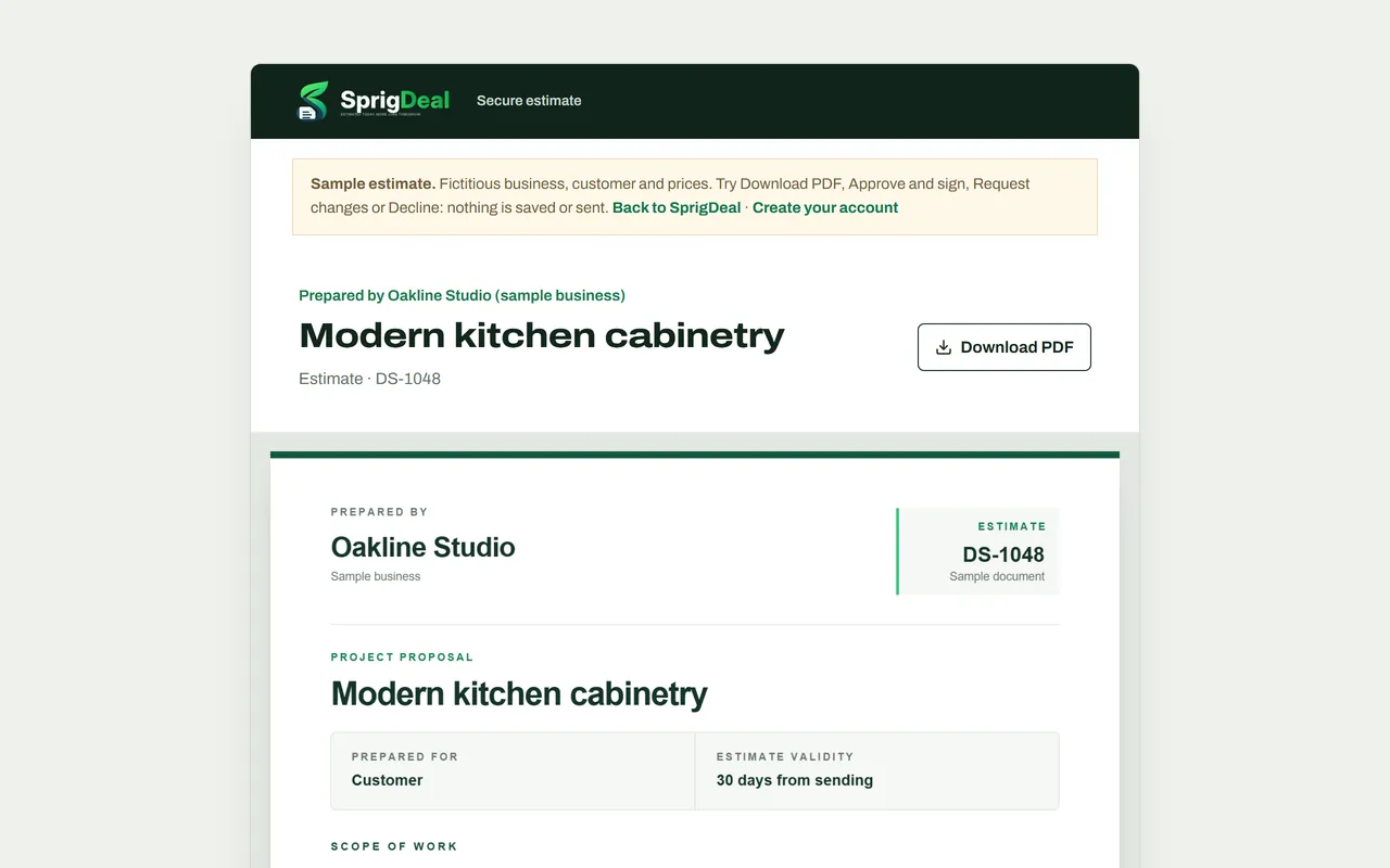 Customer estimate page with the business name, estimate title, Download PDF button and the estimate PDF