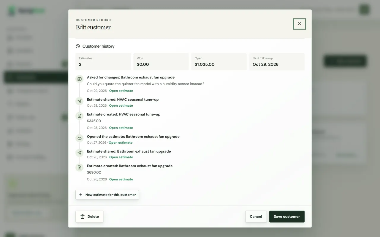 Customer history with estimates, won and open totals, next follow-up and a timeline of activity