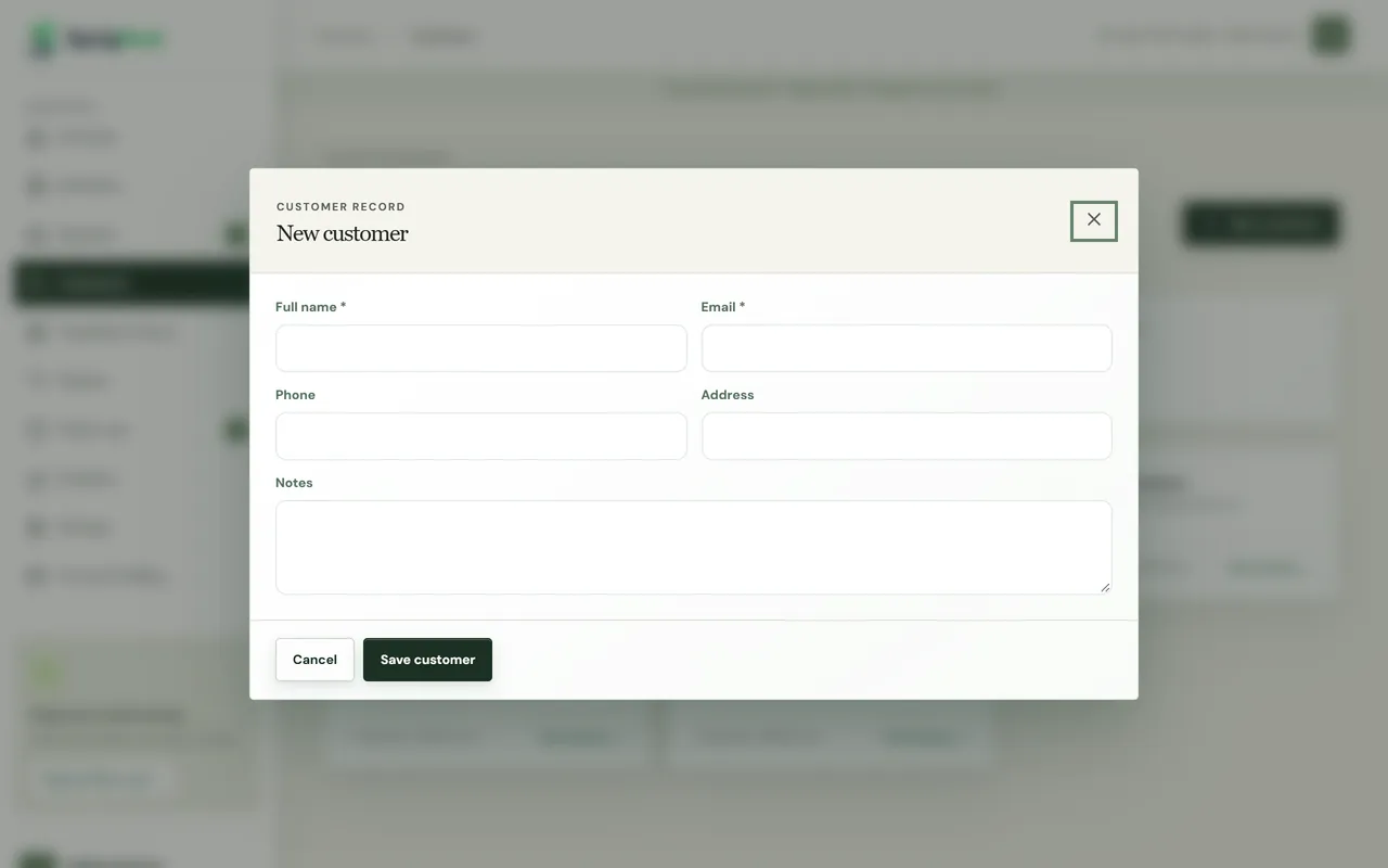 New customer form with full name, email, phone, address and notes