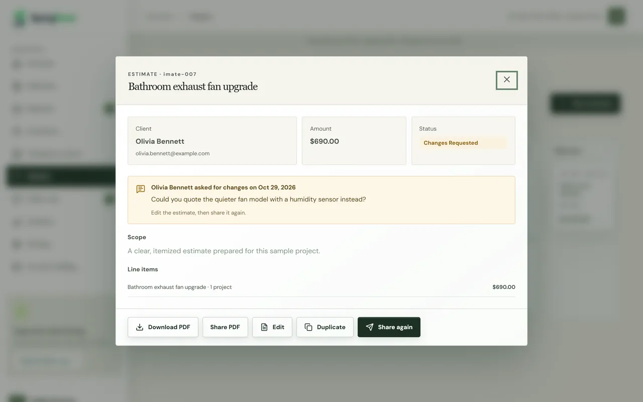 Estimate with Changes Requested status and the customer’s note asking for a different fan model