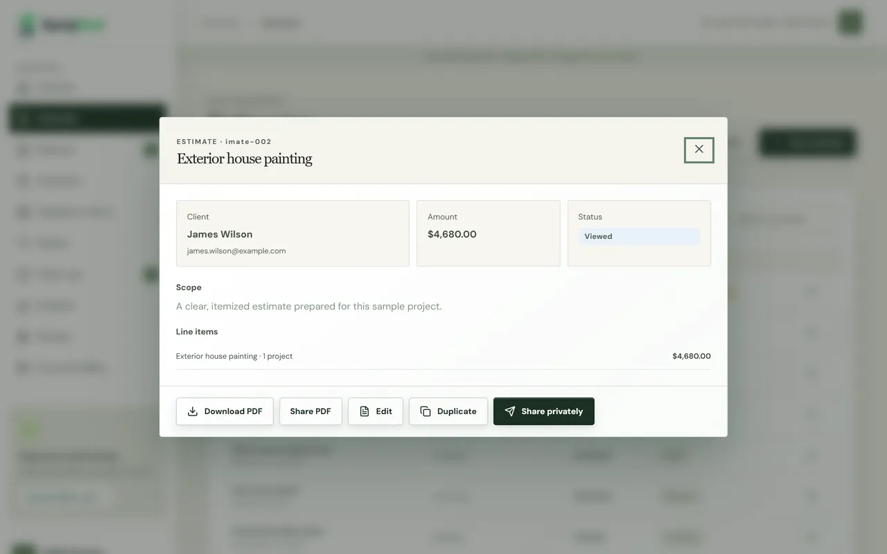 Estimate details with client, amount, Viewed status and the Download PDF, Share PDF, Edit, Duplicate and Share privately buttons