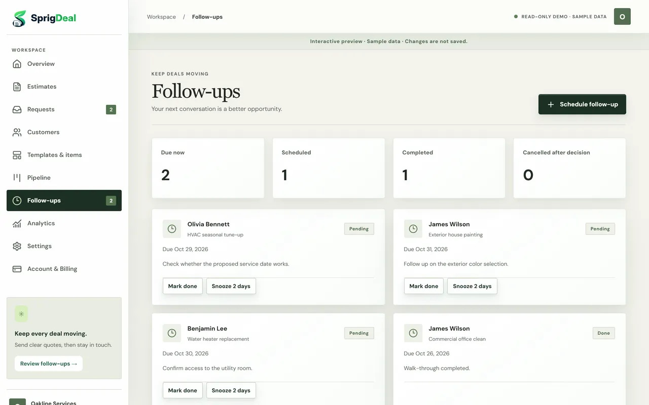 Follow-ups page with due, scheduled, completed and cancelled counts and follow-up cards