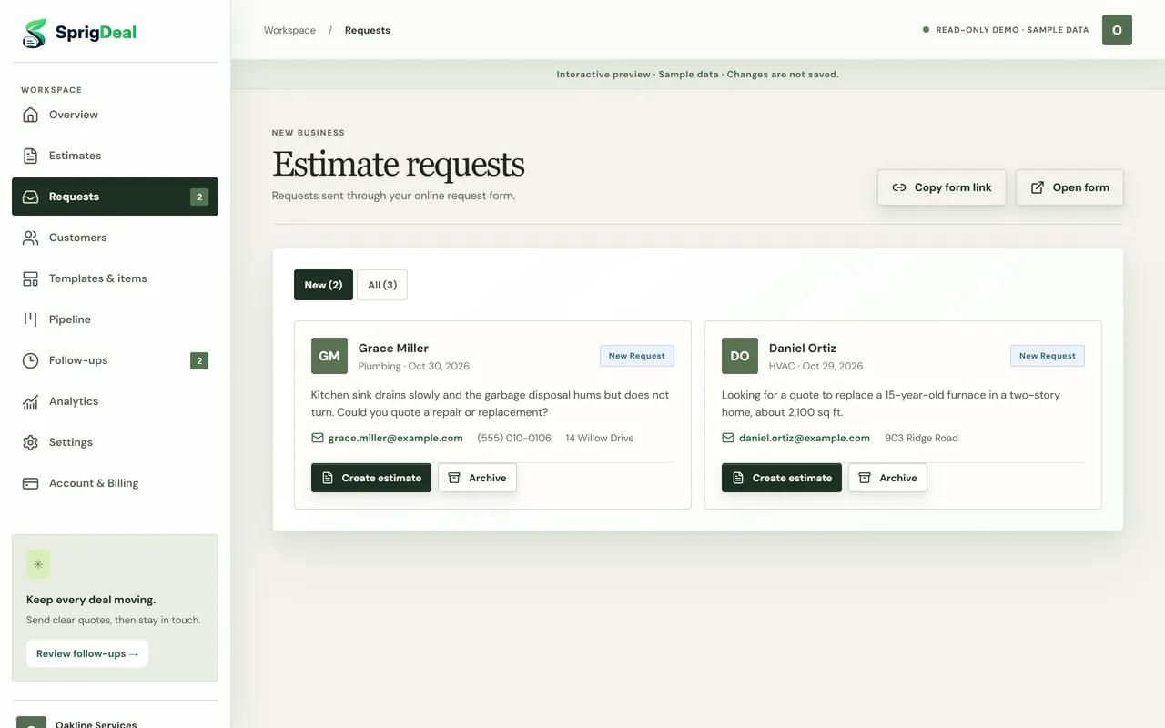 Estimate requests page with two new requests and Create estimate and Archive buttons