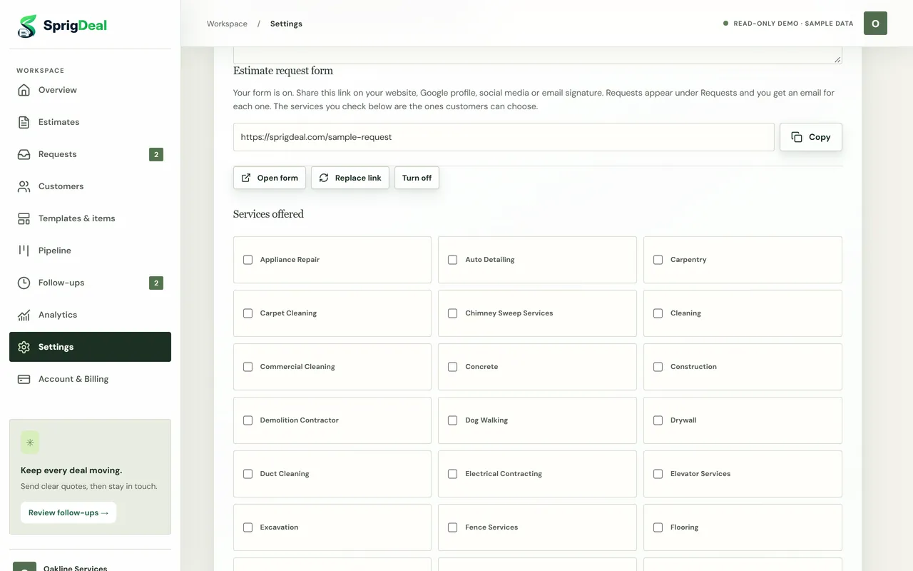 Estimate request form settings with the form link, Copy, Open form, Replace link and Turn off