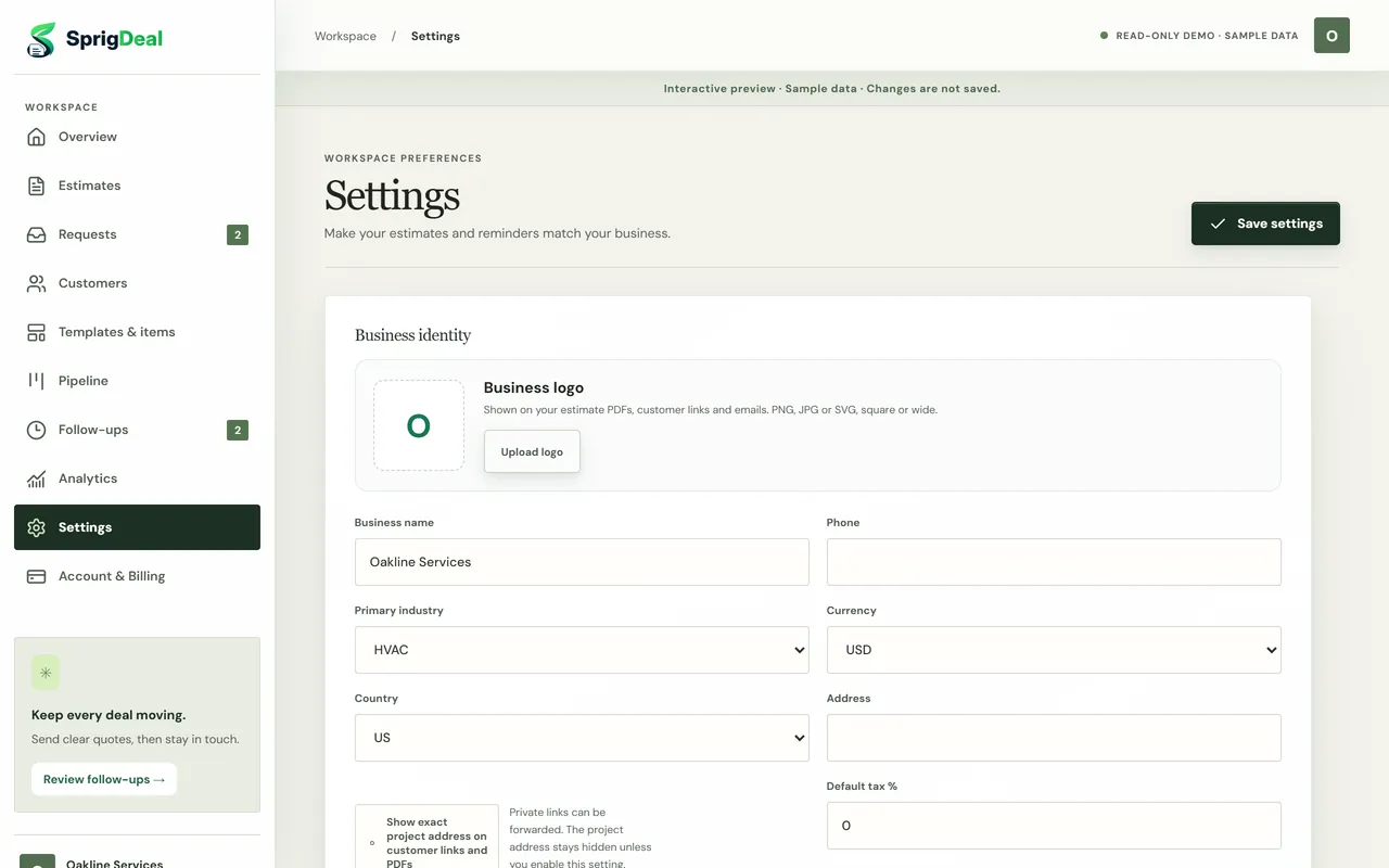SprigDeal Settings with the business logo, business name, industry, currency and country fields