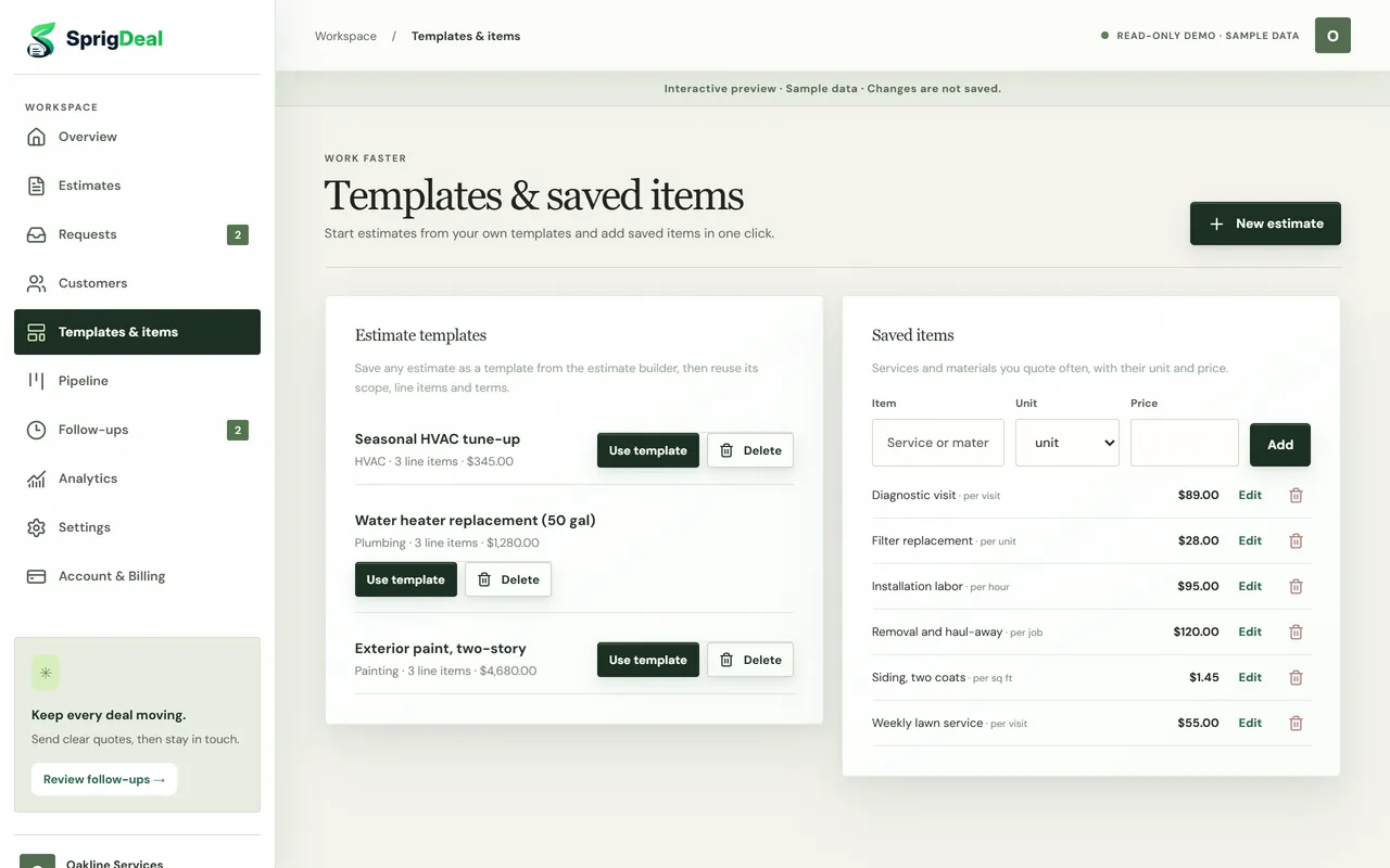 Templates and saved items page with three estimate templates and a list of saved items with prices